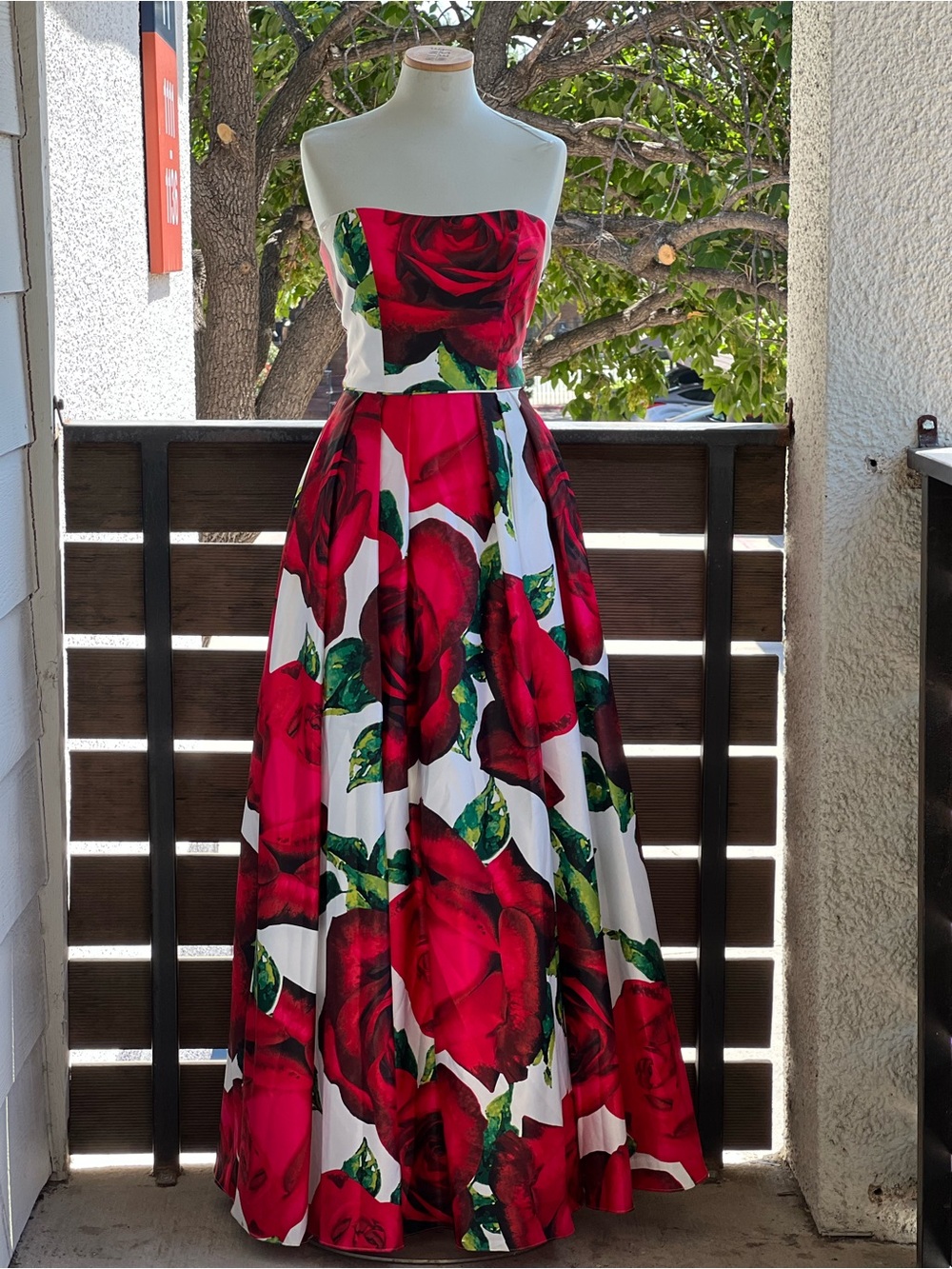 Blondie Nites White Strapless Maxi Dress with Red Rose Print